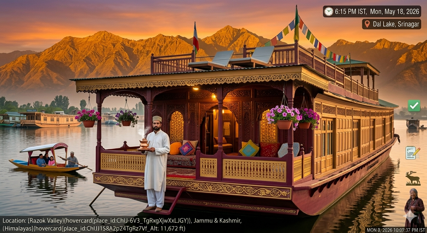 Premium Houseboat Package Srinagar 2026 | Heritage Stay @ ₹8,020 8 Premium houseboat package Srinagar 2026 - luxury heritage houseboat on Nigeen Lake with carved wooden exterior and mountain views