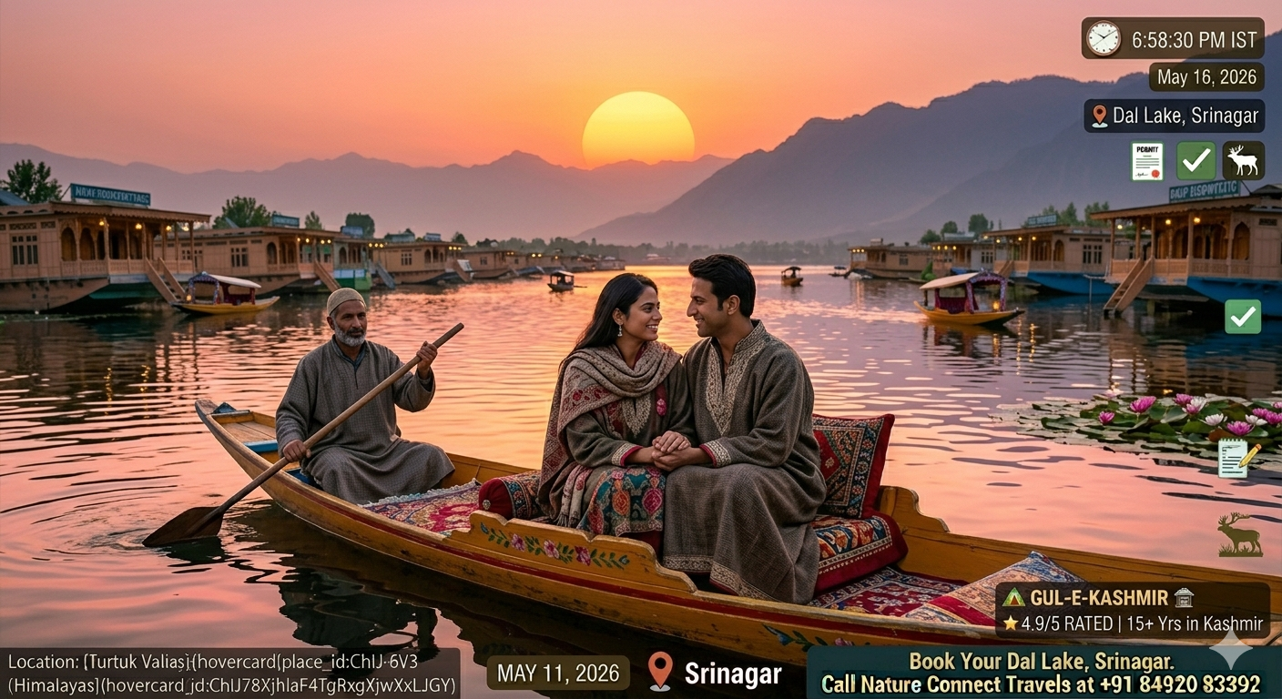 Premium Houseboat Package Srinagar 2026 | Heritage Stay @ ₹8,020 11 Premium houseboat package Srinagar - couple on sunset shikara ride on Dal Lake with houseboats and mountains in background