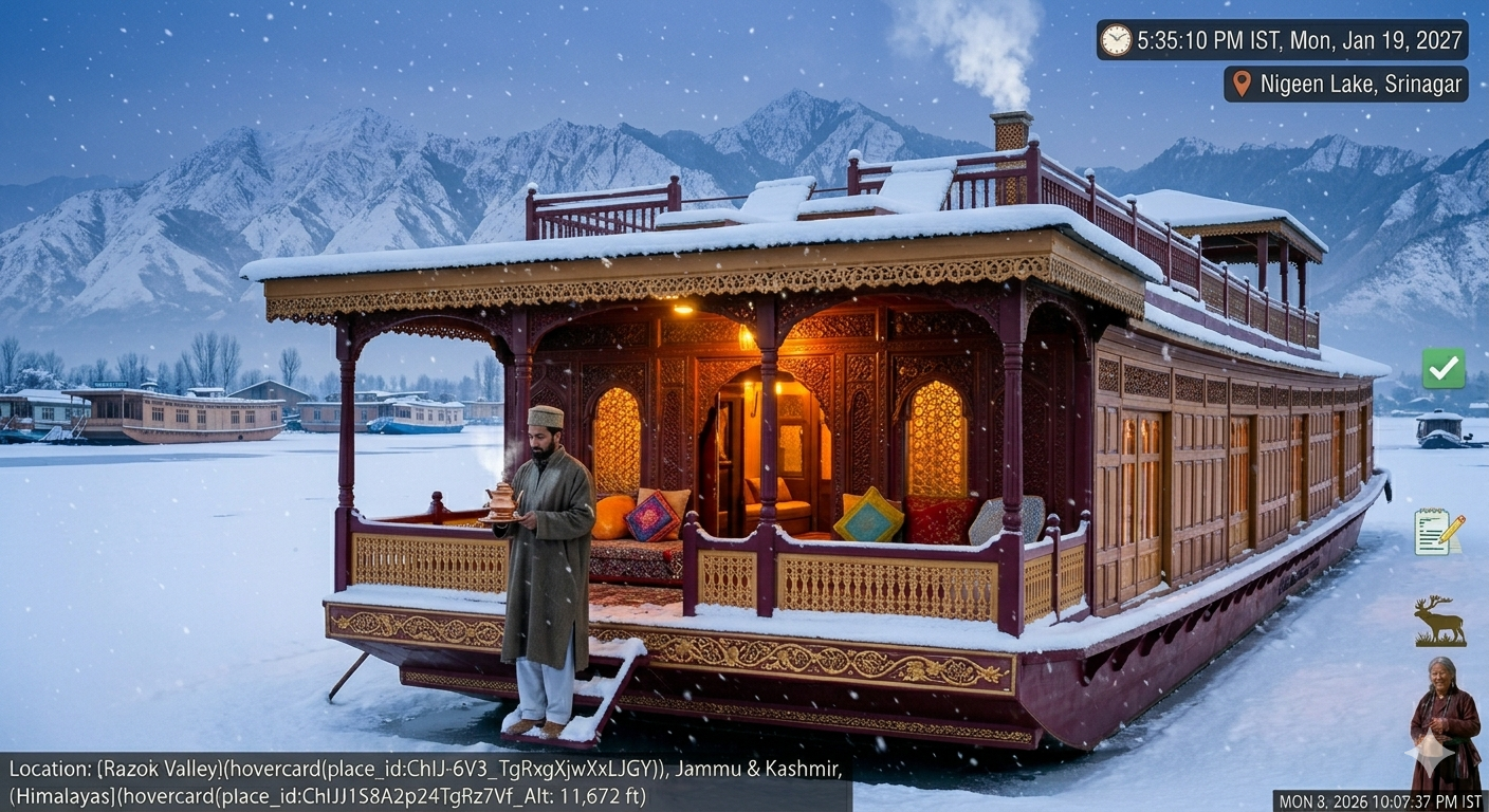 Premium Houseboat Package Srinagar 2026 | Heritage Stay @ ₹8,020 12 Premium houseboat package Srinagar - luxury houseboat surrounded by snow in winter with warm lights