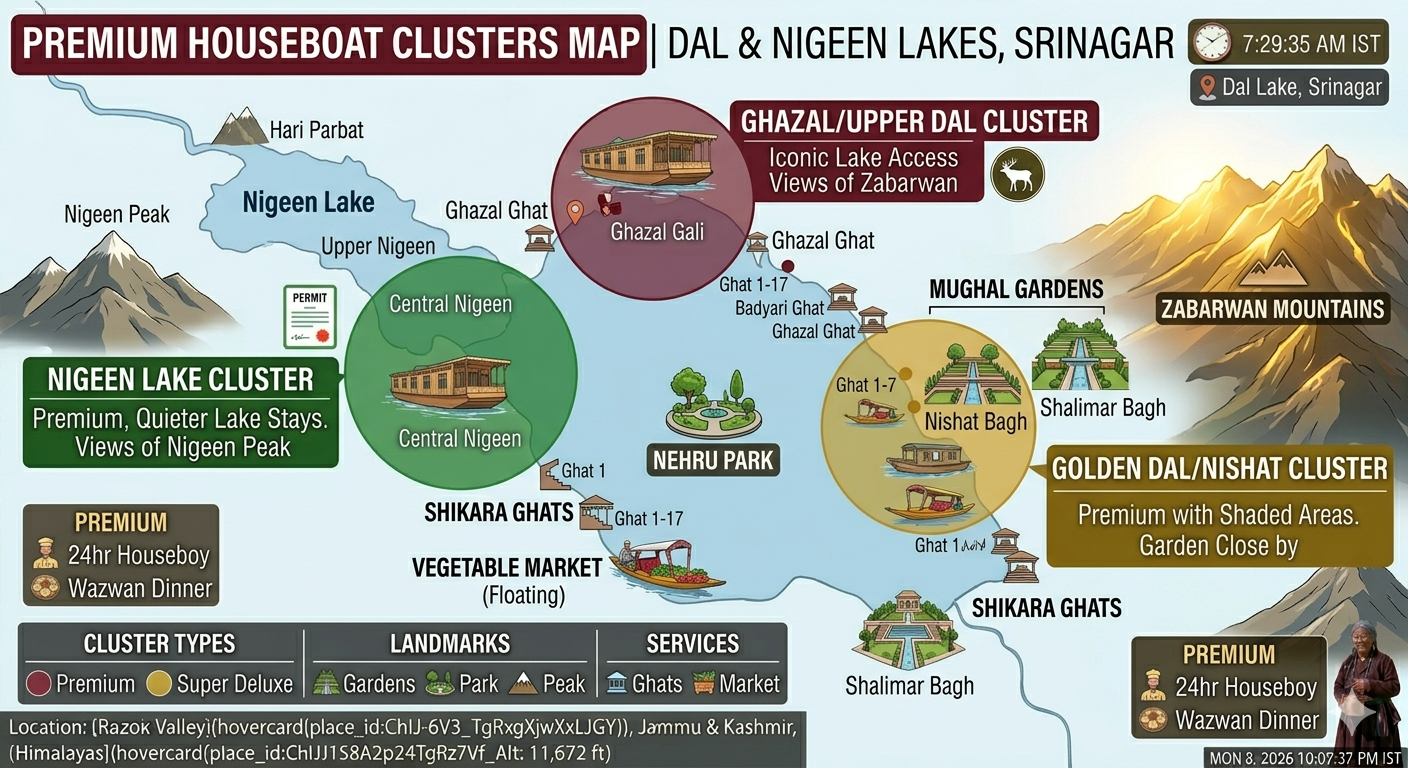 Premium Houseboat Package Srinagar 2026 | Heritage Stay @ ₹8,020 10 Premium houseboat package Srinagar - map showing Dal Lake and Nigeen Lake houseboat locations