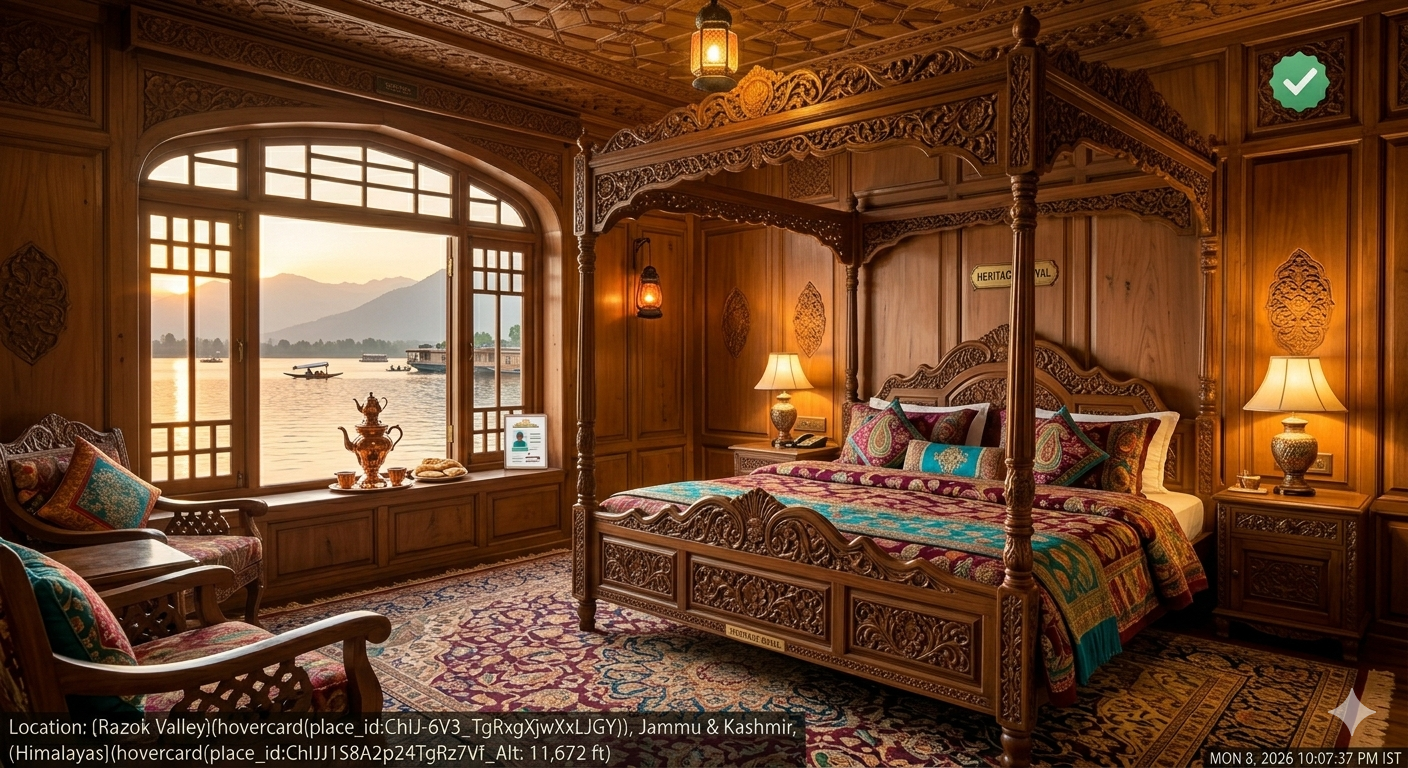 Premium Houseboat Package Srinagar 2026 | Heritage Stay @ ₹8,020 9 Premium houseboat package Srinagar - super deluxe room interior with carved walnut furniture and lake view