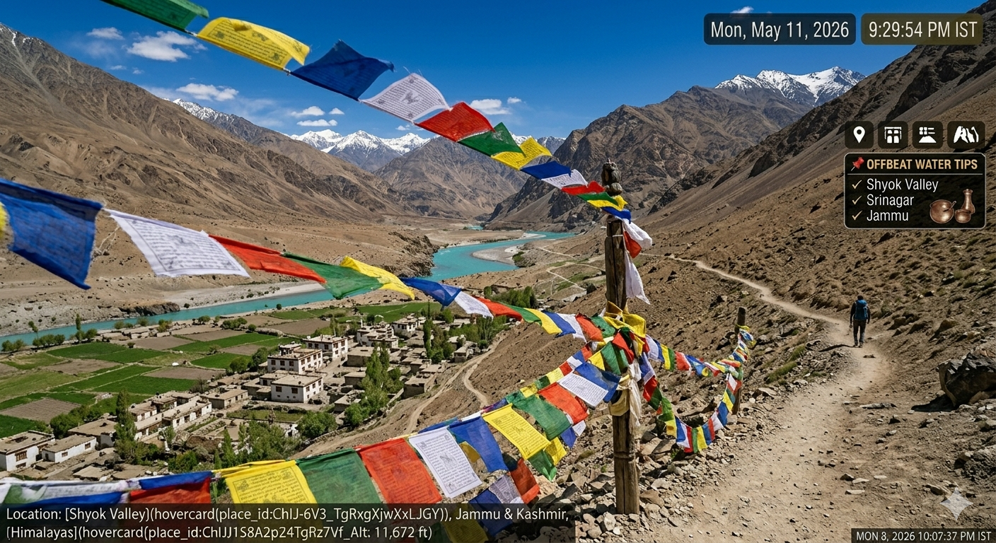 Sham Valley trek package Ladakh 2026 - gentle trekking trail through mountains with prayer flags and village below