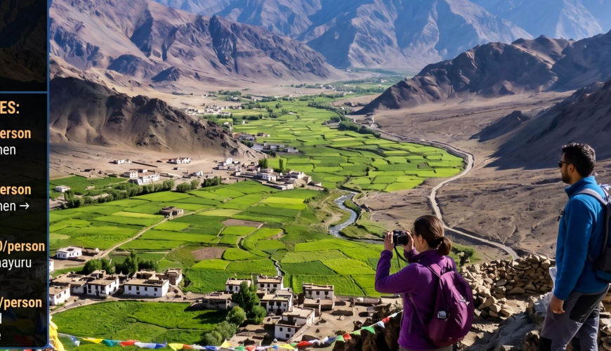 Sham Valley trek package Ladakh 2026 - trekkers at Tsermangchen La pass 12300 feet with prayer flags overlooking Sham Valley, Indus River, terraced fields, white villages, Stok Kangri range distant, quick getaway 3 days ₹12,500, complete trek 4 days ₹16,500, extended culture 5 days ₹22,500, ultimate circuit 6 days ₹28,500 per person