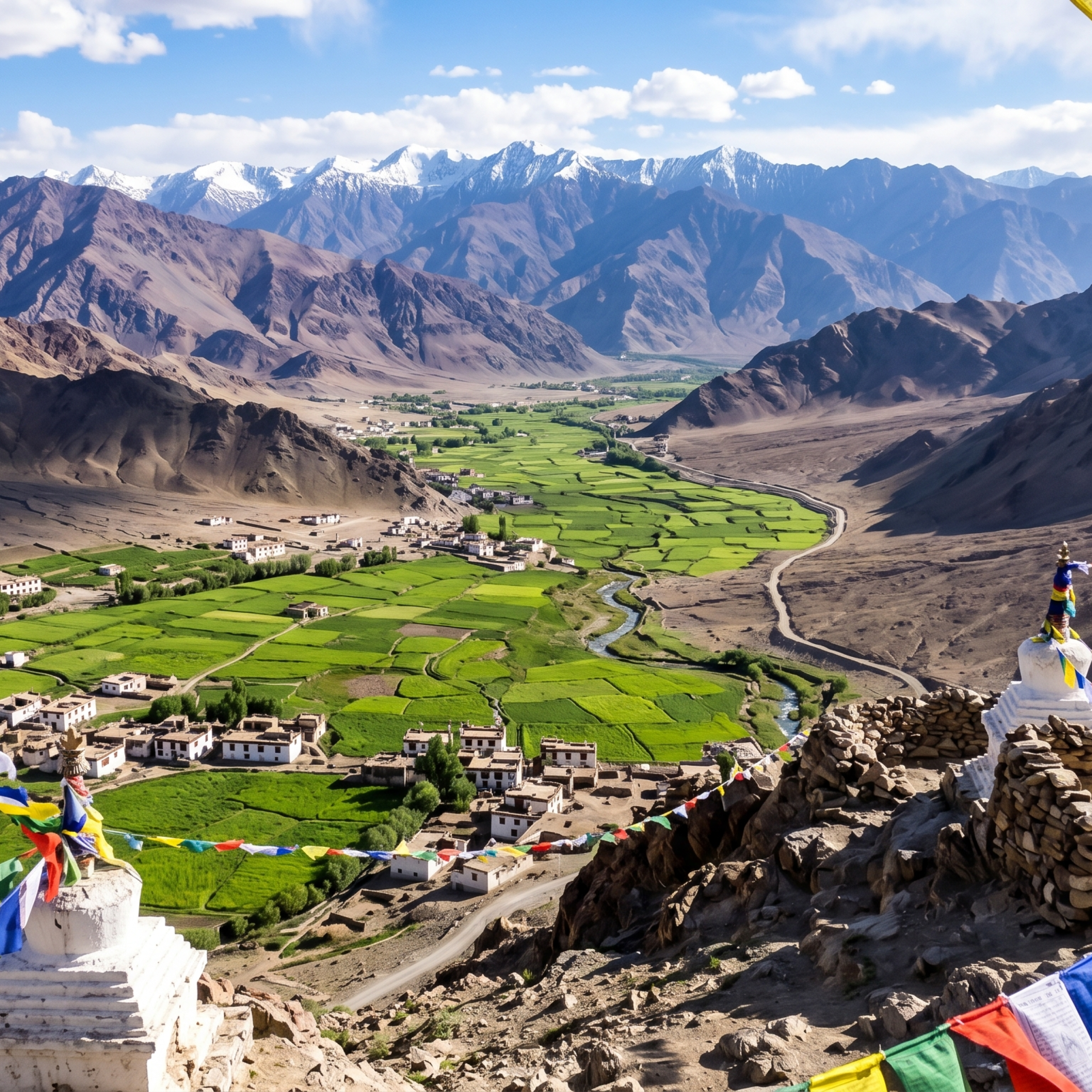 Sham Valley trek package Ladakh - Tsermangchen La pass at 12300 feet with prayer flags and Sham Valley below
