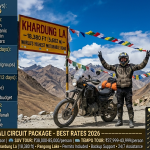 Srinagar Leh Manali circuit package 2026 - Royal Enfield biker at Khardung La 18,380 ft with prayer flags, bike tour ₹20,999-54,999, SUV tour ₹38,000-85,000, tempo traveller ₹37,999-43,999, Srinagar to Leh to Manali circuit