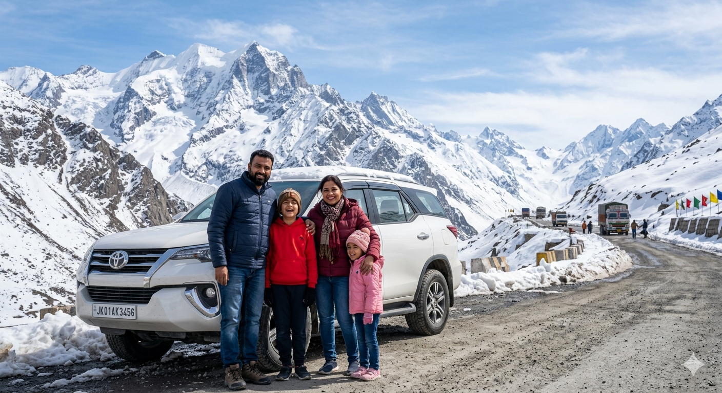 Srinagar to Ladakh family package 2026 - family at Zojila Pass with snow-capped mountains