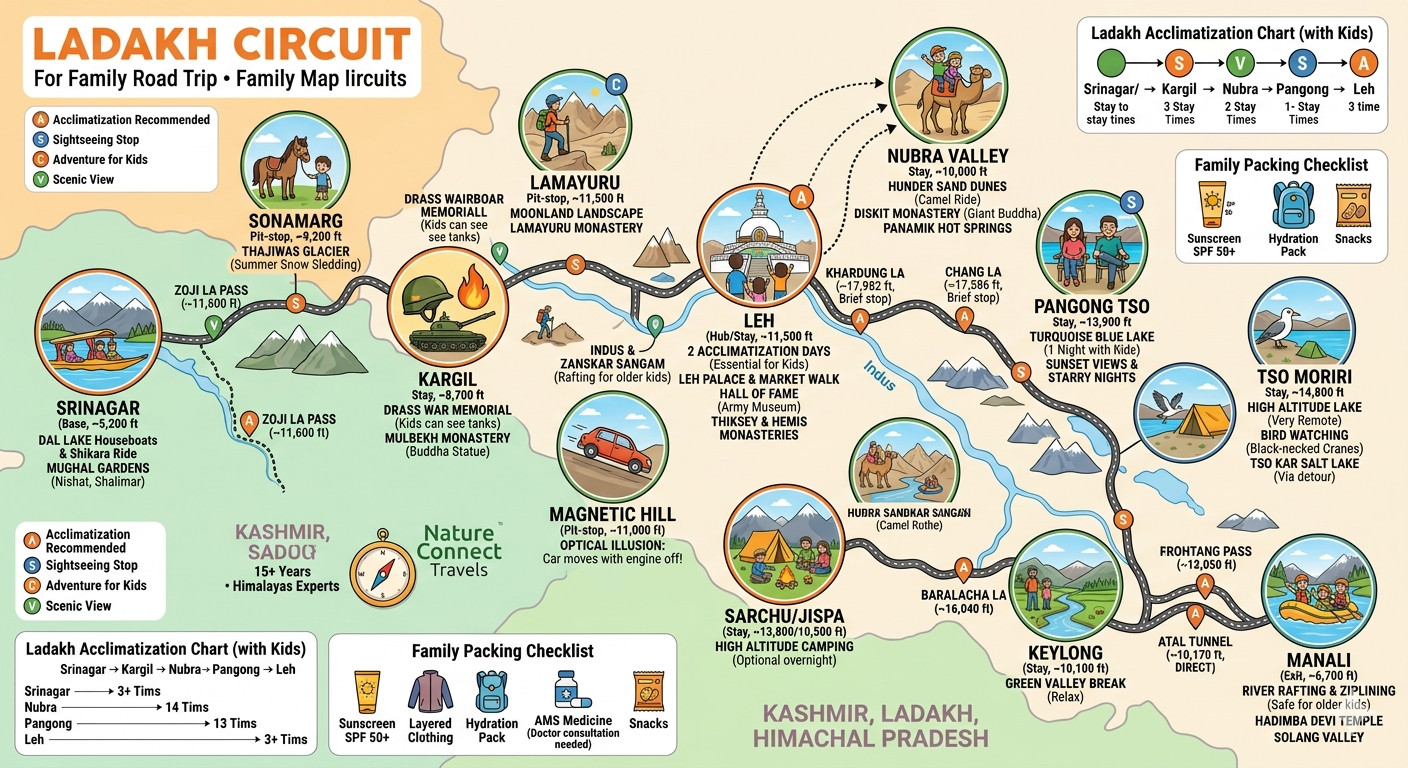 Srinagar to Ladakh family package route map - Srinagar to Kargil to Leh to Nubra to Pangong to Manali circuit with family stops