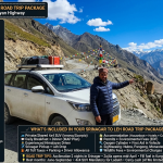 Srinagar to Leh premium road trip package 2026 - white 4x4 SUV at Zojila Pass 11575 feet with Kashmiri driver pointing to winding road, snow-capped peaks, prayer flags, group road trip 10 days ₹31,700 per person, standard SUV 7 days ₹23,600, complete circuit 13 days ₹35,000-65,000, luxury SUV 12-14 days ₹55,000-85,000, 12-day SUV circuit from ₹38,000-77,500 per person based on group size