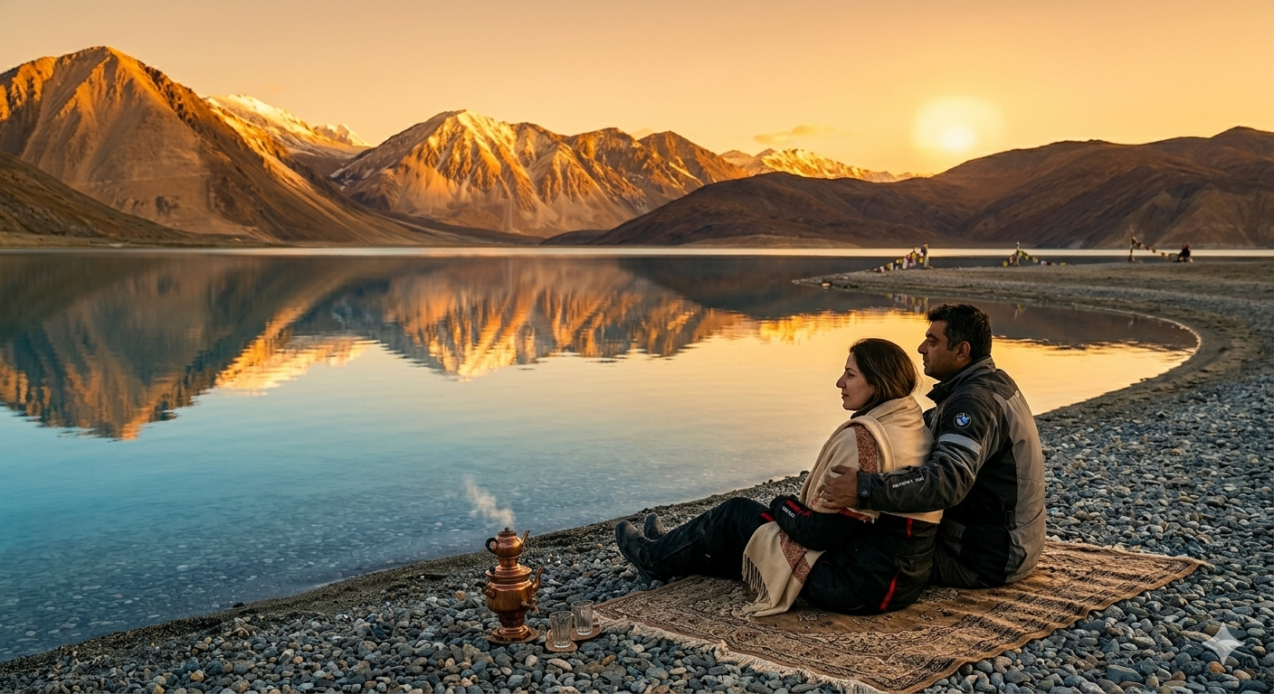  Srinagar to Leh premium road trip package - couple at Pangong Lake during golden hour with mountain reflections