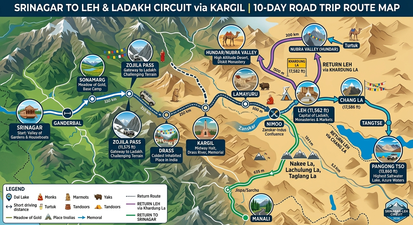 Srinagar to Leh premium road trip package - route map showing complete itinerary with altitudes and distances