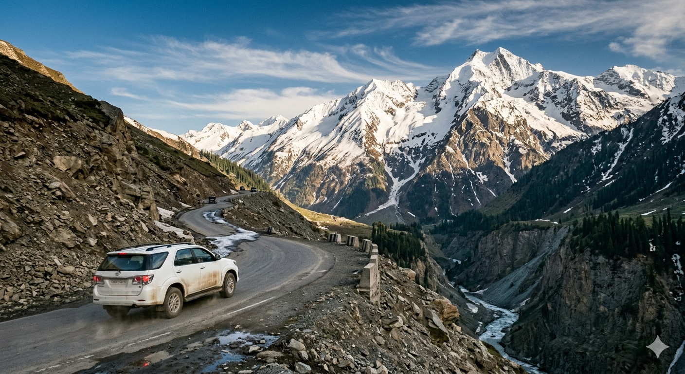 Srinagar to Leh road trip package 2026 - SUV at Zojila Pass with Himalayan mountains