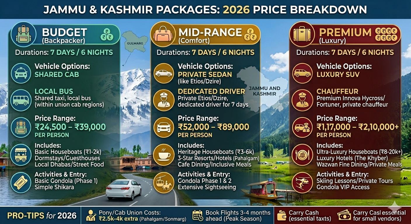 Srinagar to Leh road trip package 2026 - price comparison chart for group, private SUV, and complete circuit options