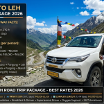 Srinagar to Leh road trip package 2026 - white SUV at Zojila Pass 11,575 feet with driver, group tour ₹31,700, private SUV ₹40,000-85,000, complete circuit ₹45,000-65,000