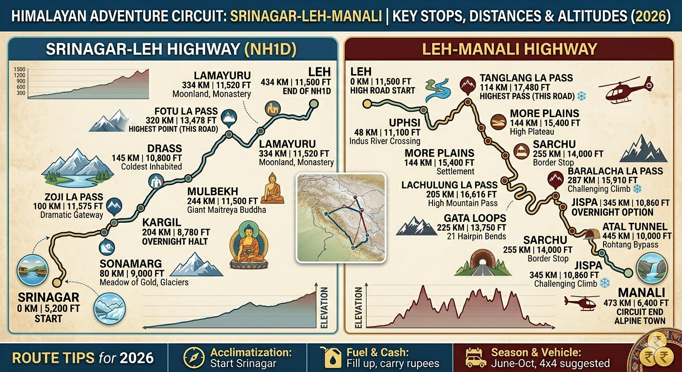 Srinagar to Leh road trip package route map - Srinagar to Kargil to Leh to Nubra to Pangong to Manali with distances and altitudes