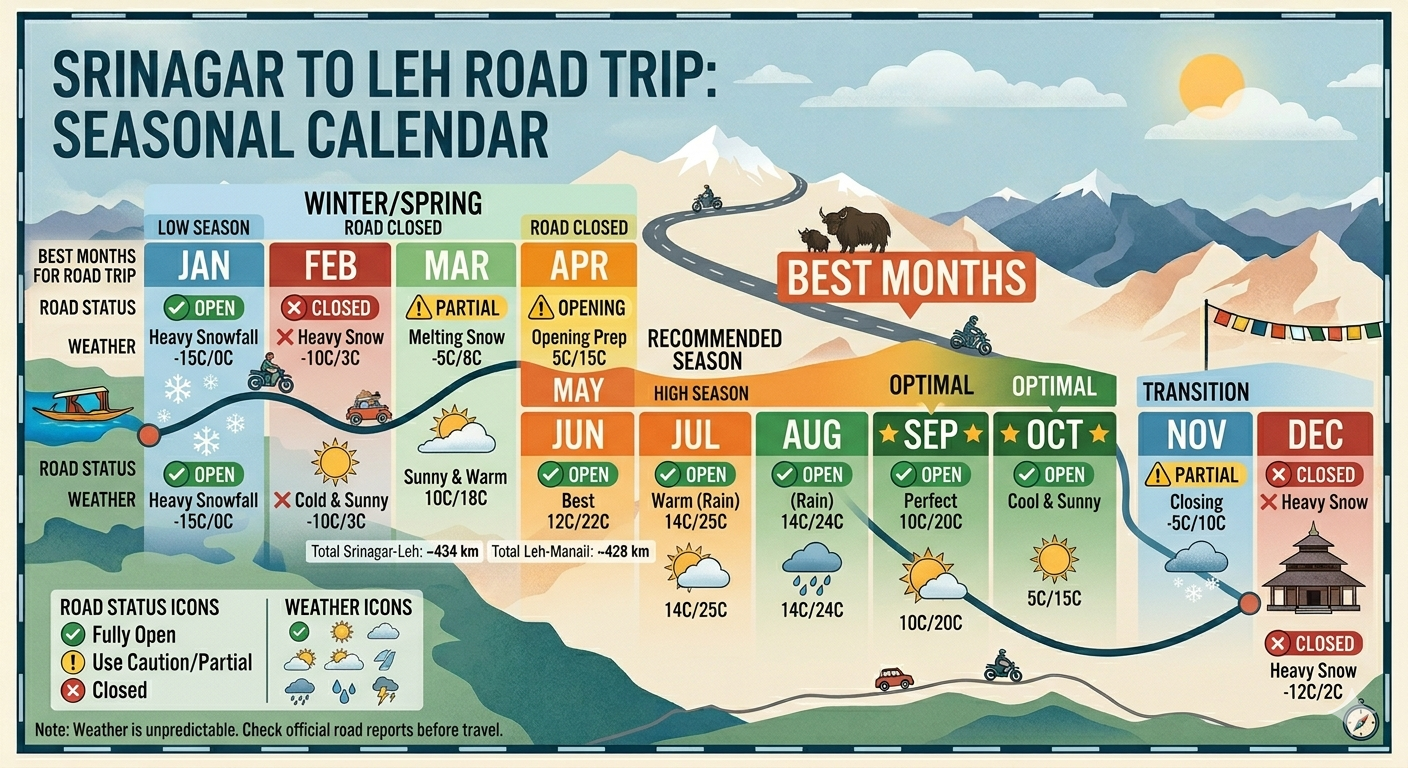 Srinagar to Leh tour package with houseboat - best time to visit seasonal calendar with road status