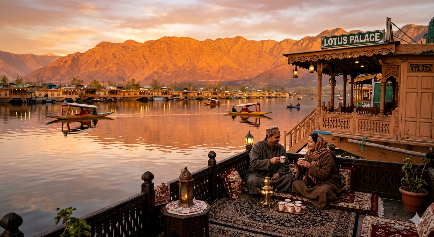 Srinagar to Leh tour package with houseboat - couple on Dal Lake houseboat at sunset with mountain views