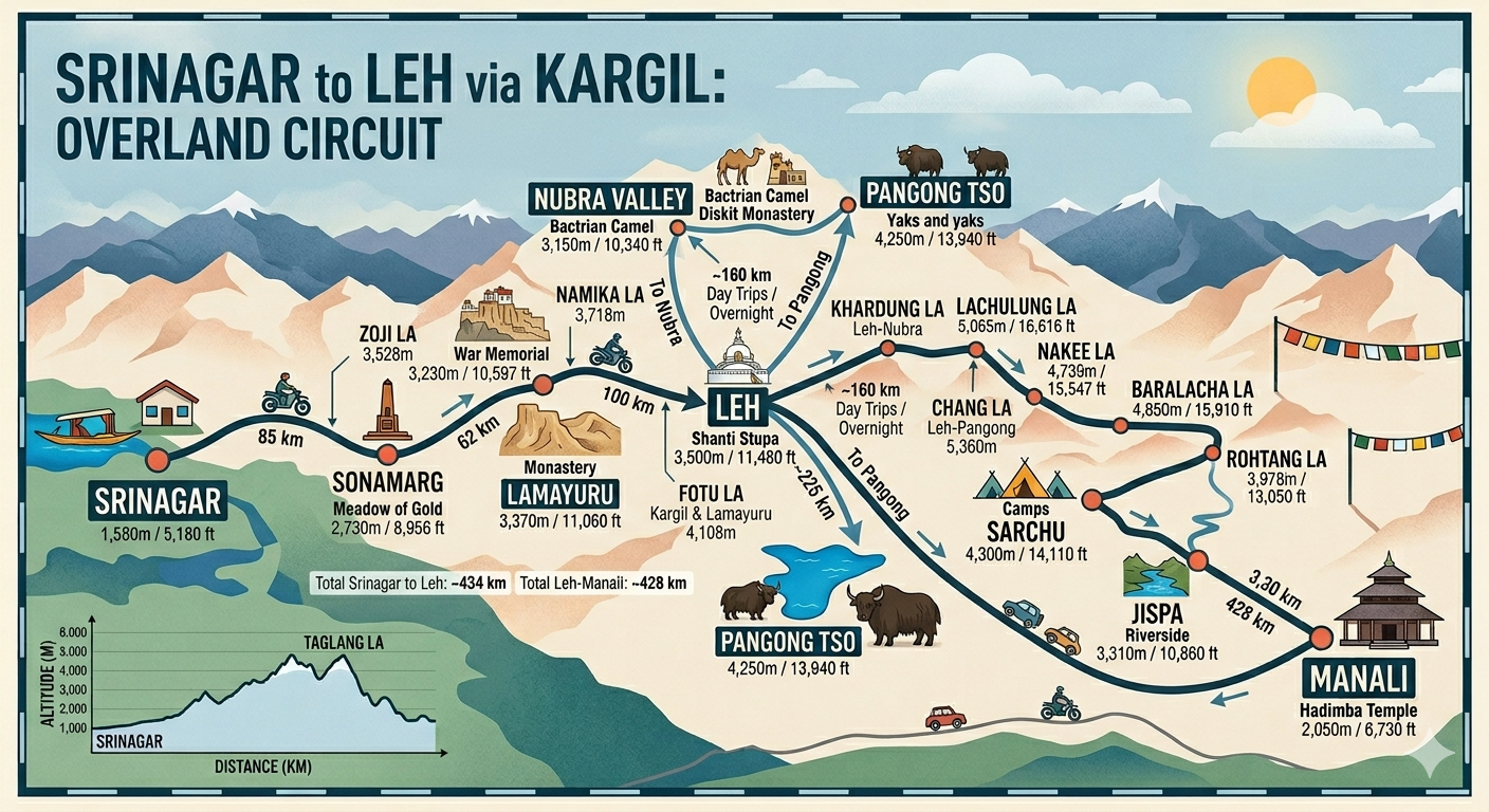 Srinagar to Leh tour package with houseboat - route map from Srinagar to Leh via Kargil with altitudes and distances