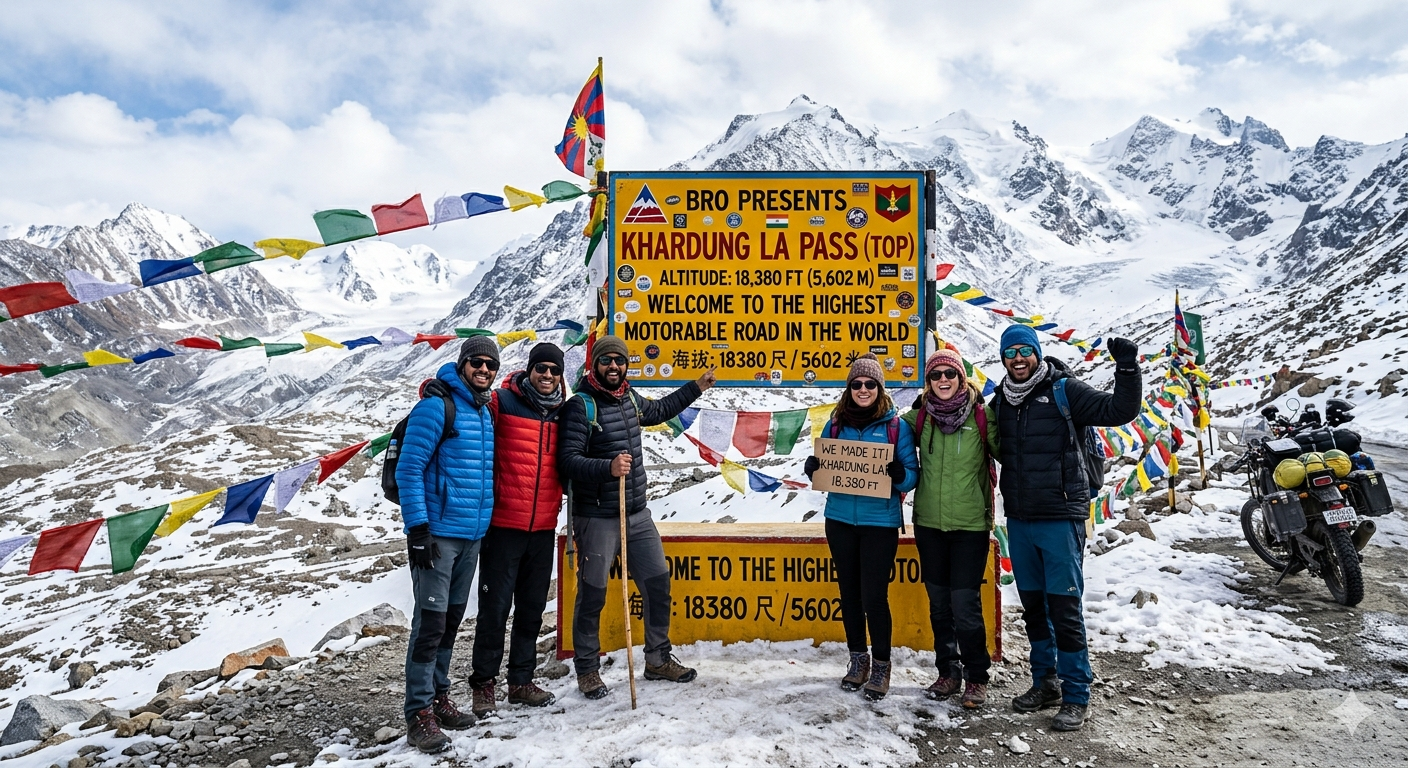 Srinagar to Leh tour package with houseboat - travelers at Khardung La highest motorable road with prayer flags