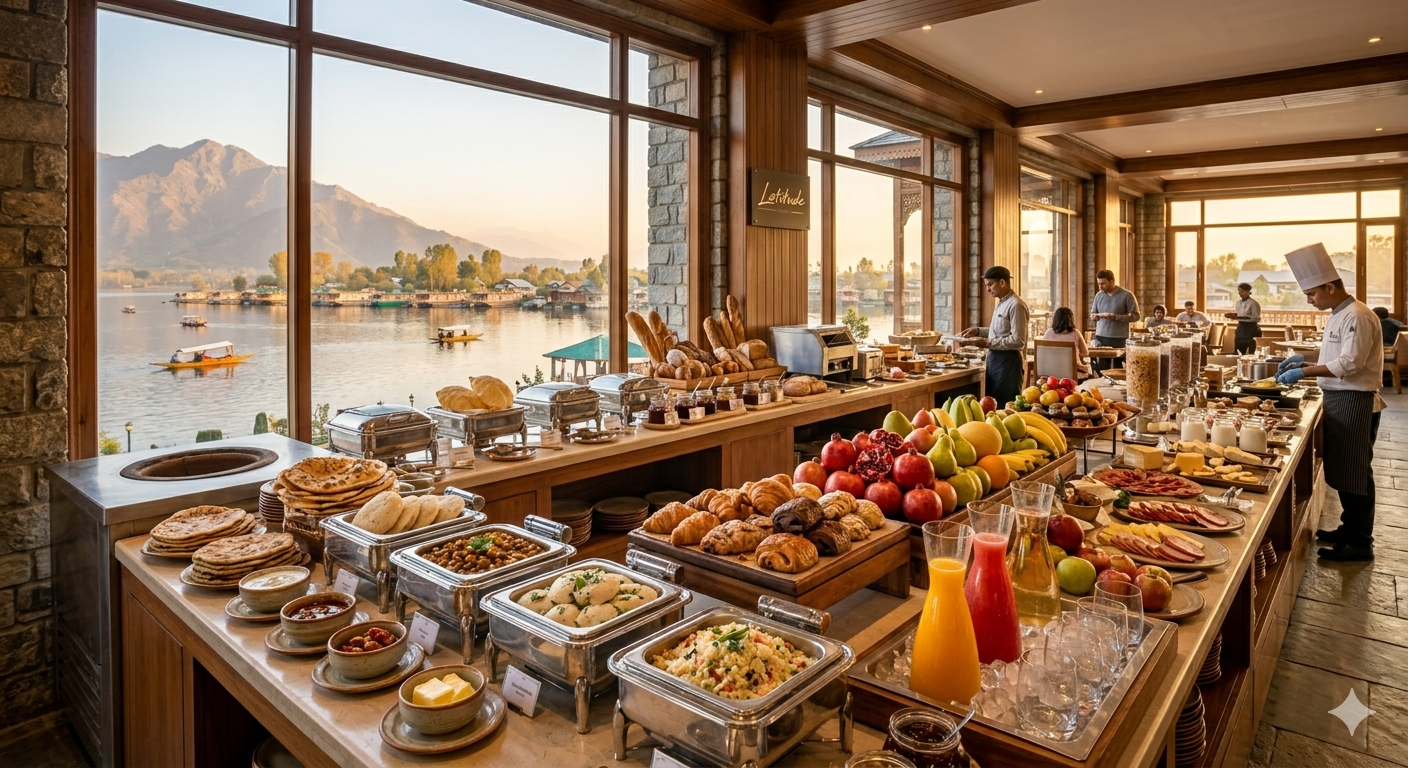  Taj Dal View Srinagar package - breakfast buffet at Latitude restaurant overlooking Dal Lake