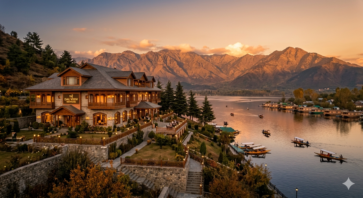 Taj Dal View Srinagar package - hotel exterior on Kralsangri hill overlooking Dal Lake at golden hour