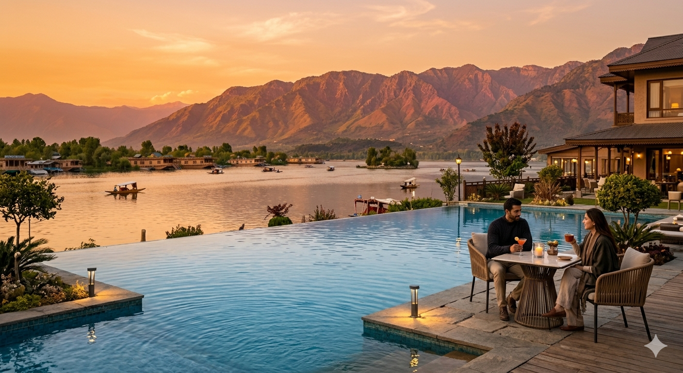Taj Dal View Srinagar package - infinity pool overlooking Dal Lake and Zabarwan mountains at sunset