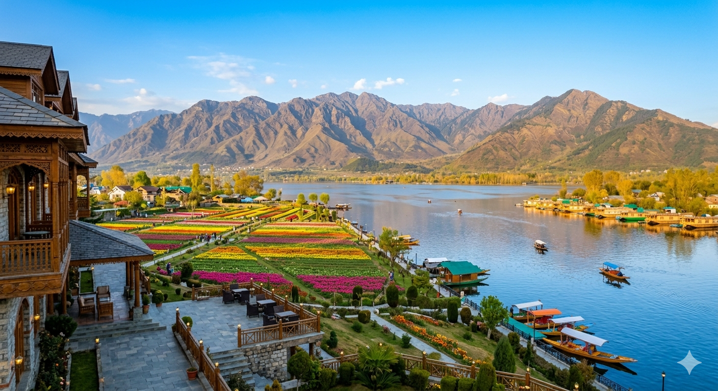 Taj Dal View Srinagar package - panoramic view from hotel showing Dal Lake, Zabarwan mountains, and Tulip Garden