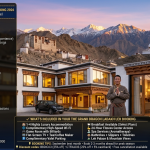 The Grand Dragon Ladakh Leh booking 2026 - luxury hotel exterior with Leh Palace and Stok Kangri mountains in background, traditional Ladakhi architecture, hotel staff in goncha welcoming guests, guest room visible through window with king bed, Premier Heritage Room ₹9,720-13,500 per night, Luxury Room ₹13,320-18,500, Heritage Suite ₹21,240-29,500, Luxury Suite ₹24,840-34,500, hotel rating 9.210, breakfast ₹1,050 per person, airport shuttle ₹1,388