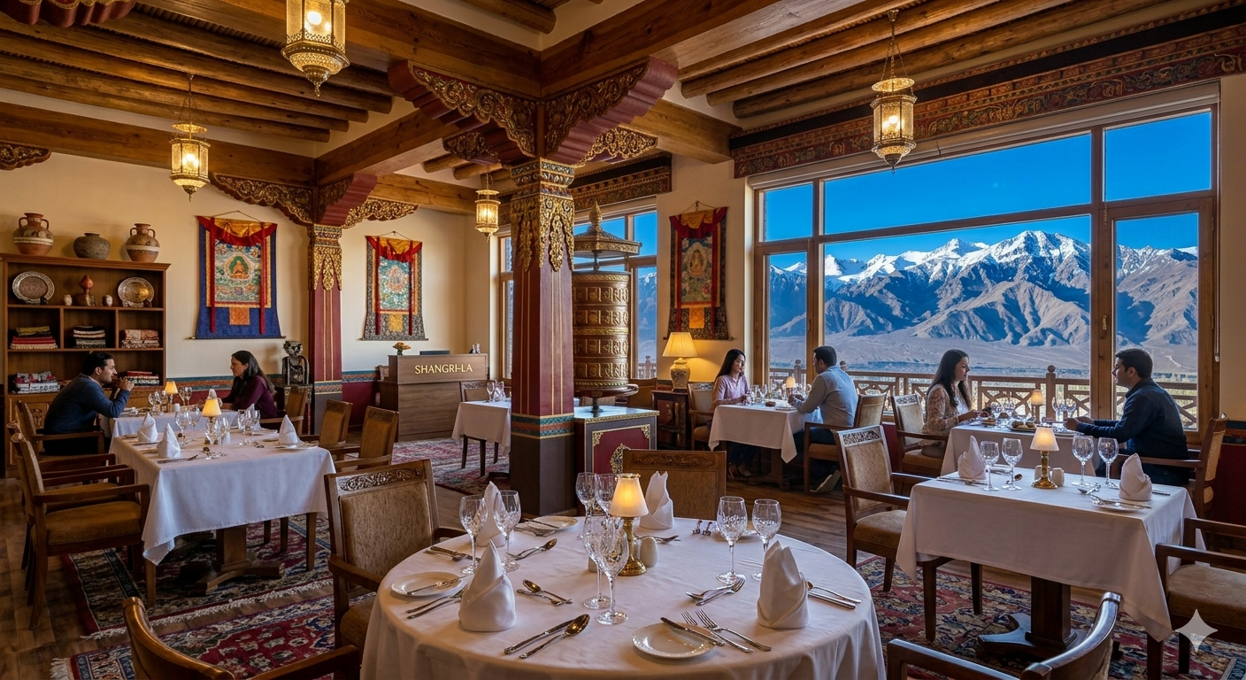 The Grand Dragon Ladakh Leh Booking 2026 | 5-Star Hotel @ ₹9,720 9 The Grand Dragon Ladakh Leh booking - Shangri-La restaurant interior with mountain views