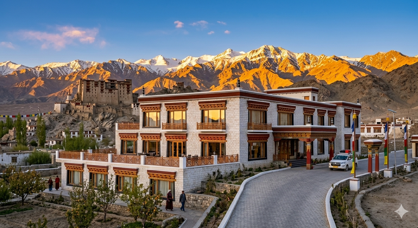 The Grand Dragon Ladakh Leh Booking 2026 | 5-Star Hotel @ ₹9,720 7 The Grand Dragon Ladakh Leh booking - hotel exterior with Leh Palace and mountain views