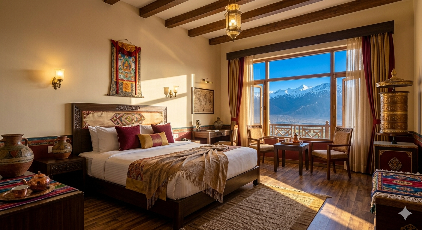 The Grand Dragon Ladakh Leh Booking 2026 | 5-Star Hotel @ ₹9,720 10 The Grand Dragon Ladakh Leh booking - luxury room with king bed and mountain view
