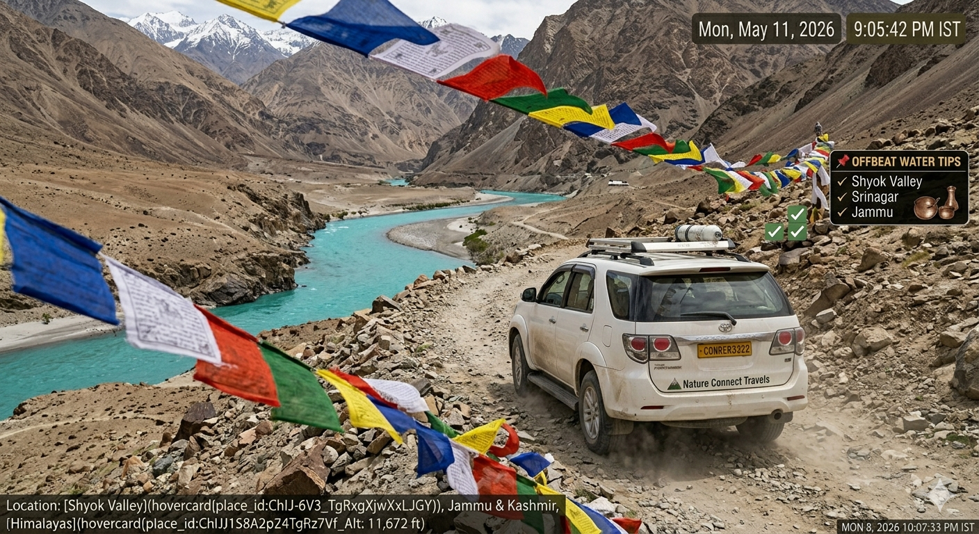 Turtuk village tour package Ladakh 2026 - 4x4 SUV driving along Shyok River toward the Balti village