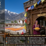Turtuk village tour package Ladakh 2026 - traditional Balti homestay in Turtuk with woman in embroidered dress holding basket of fresh apricots, man welcoming guests, apricot trees, prayer flags, LOC mountains in distance, quick getaway 4 days ₹18,500, complete tour 5 days ₹27,500, offbeat circuit 6 days ₹39,000, ultimate Ladakh 7 days ₹52,000 per person