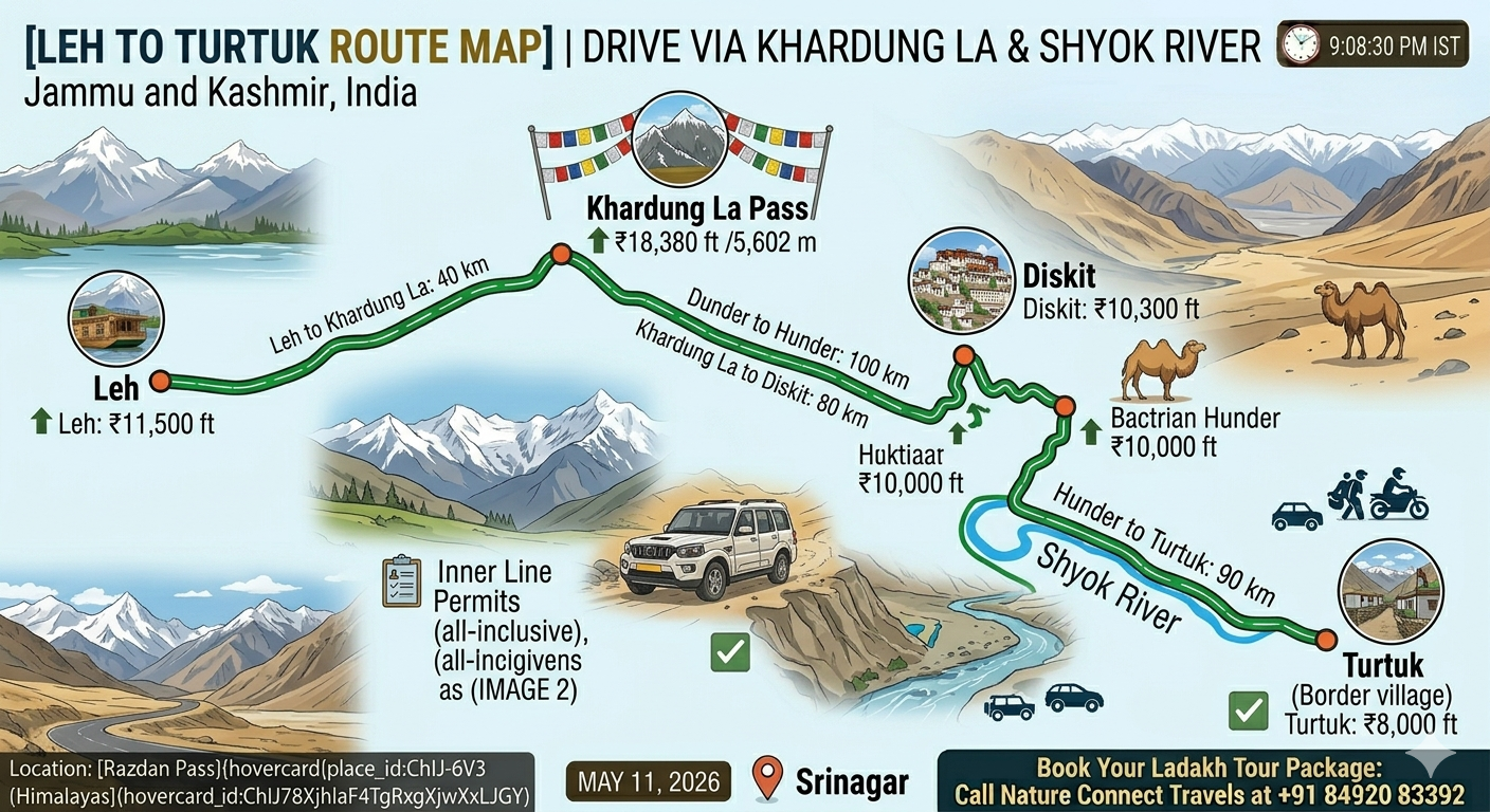 Turtuk village tour package Ladakh route map from Leh to Khardung La to Diskit to Hunder to Turtuk with altitudes and distances