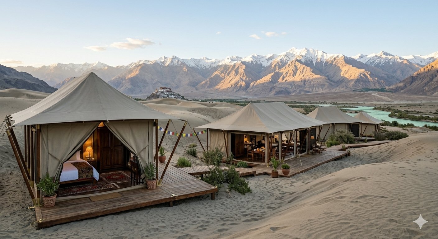 Ultimate Ladakh glamping package - Chamba Camp Diskit luxury tents in Nubra Valley with mountain backdrop