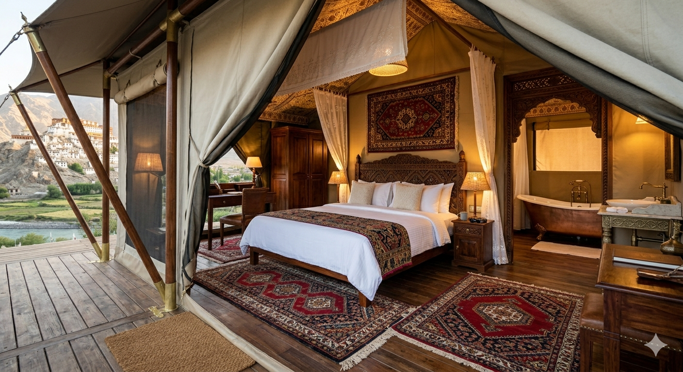Ultimate Ladakh glamping package - luxury tent interior at Chamba Camp with king bed and en-suite bathroom
