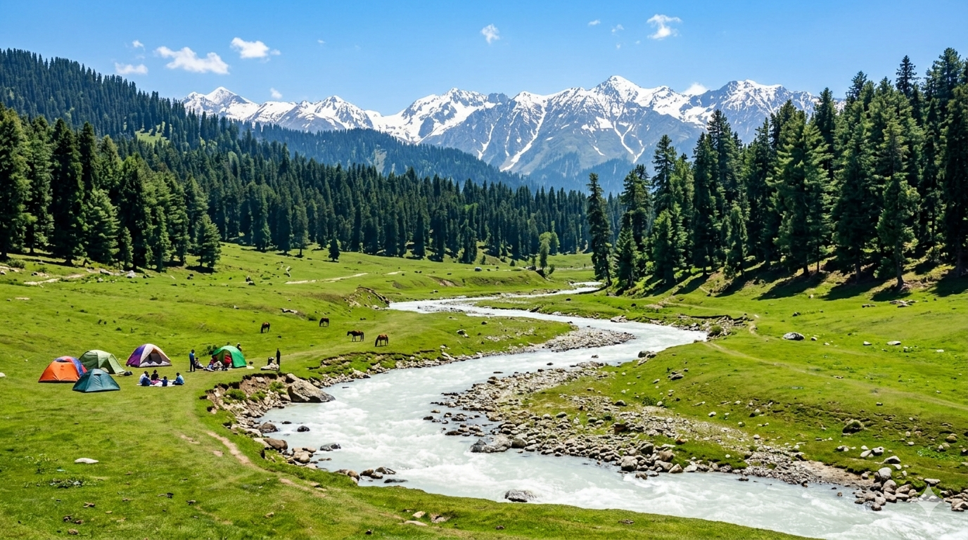 Yusmarg camping package with trek 2026 - Doodh Ganga river flowing through green meadow with pine forests and snow-capped peaks