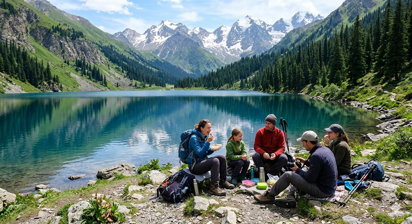 Yusmarg camping package with trek - Nilnag Lake blue alpine lake with trekkers on shore and pine forest behind
