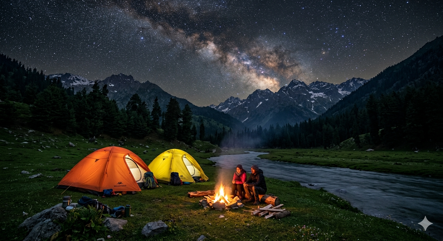  Yusmarg camping package with trek - dome tents in meadow with Doodh Ganga river and campfire under starry sky