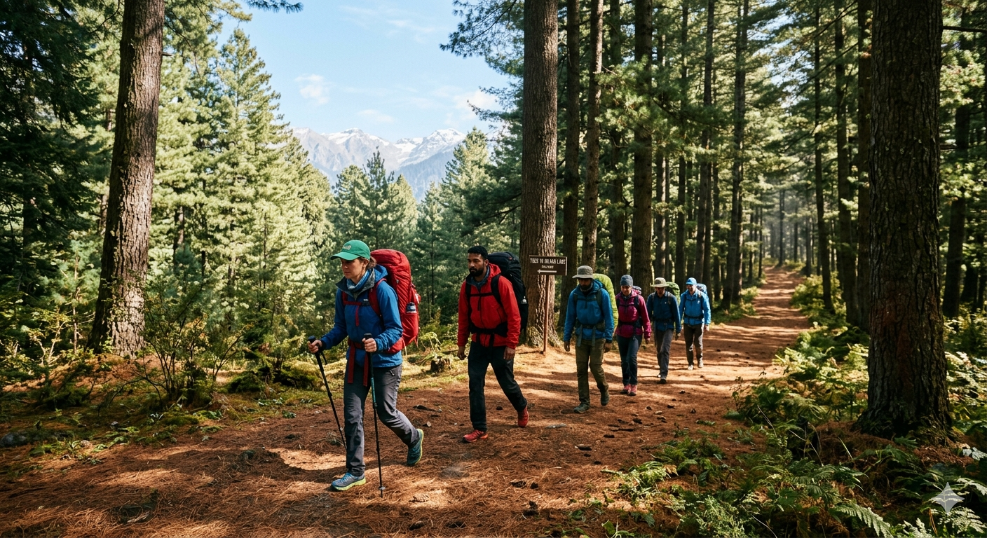  Yusmarg camping package with trek - forest trail from Yusmarg to Nilnag Lake with pine trees and filtered sunlight