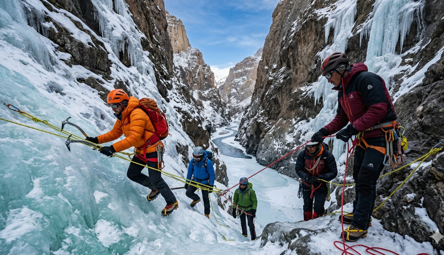 Zanskar Valley Chadar trek package 2026 - group of trekkers walking on frozen Zanskar River with microspikes, ice cliffs and frozen waterfalls on both sides, colorful winter jackets, ice axe, prayer flags in distance, temperature -25°C, Universal Adventures ₹19,999 per person, Himtrek ₹24,500, Himalayan Hikers ₹25,000 + GST, Shikhar Travels ₹34,500, fixed departure dates 13 Jan, 27 Jan, 10 Feb 2026, 9-day itinerary from Leh to Nerak and return, includes heated hotel, camping on ice, -20°C sleeping bags, microspikes, gaiters, ice axes, guides, permits, first aid, oxygen, transport