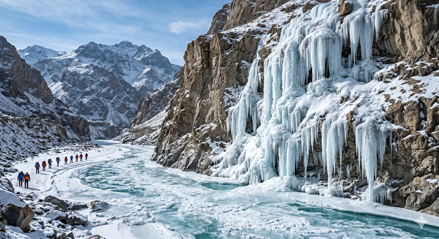 Zanskar Valley Chadar trek package - frozen waterfall on Zanskar River gorge