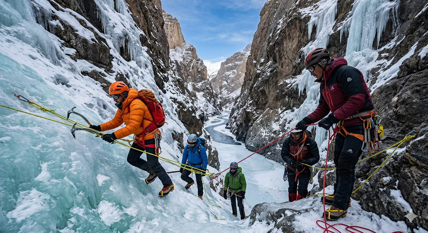 Alt Text Zanskar Valley Chadar trek package - trekkers climbing icy section with ropes and ice axes