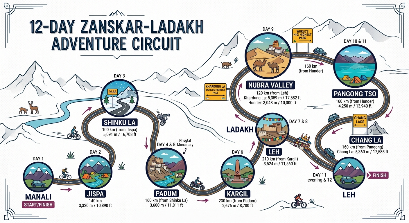 Zanskar valley trek package 12-day route map from Manali to Leh via Shinku La Pensi La Khardung La Chang La with distances