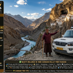 Zanskar valley trek package 2026 - white 4x4 SUV with local Zanskari guide pointing to Phugtal Monastery emerging from cave on cliff face, turquoise Zanskar river, golden hour light, classic trek 9 days ₹45,000-55,000, Manali to Zanskar 11 days ₹55,000-65,000, complete circuit 12 days ₹31,500 per person in shared SUV, Chadar trek 9 days ₹34,500, Moto Zanskar 8 days $1,950 USD