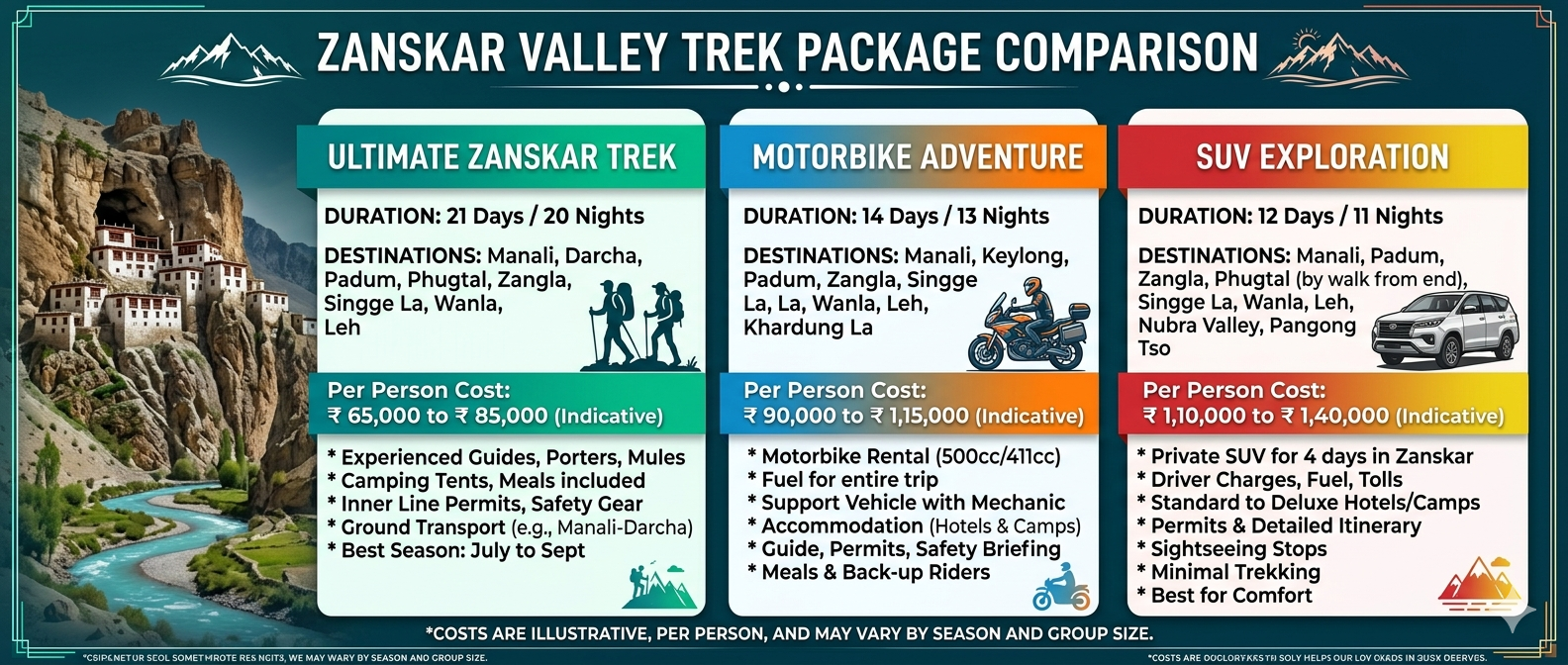 Zanskar valley trek package price comparison chart showing 8-day, 9-day, 11-day, 12-day and 18-day options with per person costs