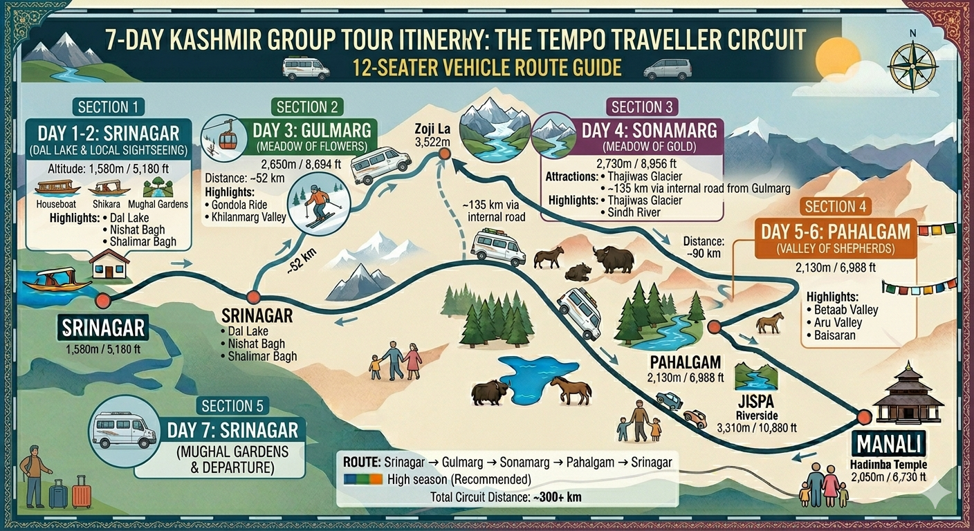 12 Seater Tempo Traveller Kashmir Price 2026 | ₹5,500/Day | Book Now 12 12 seater tempo traveller Kashmir price 2026 - 7 day cost breakdown infographic