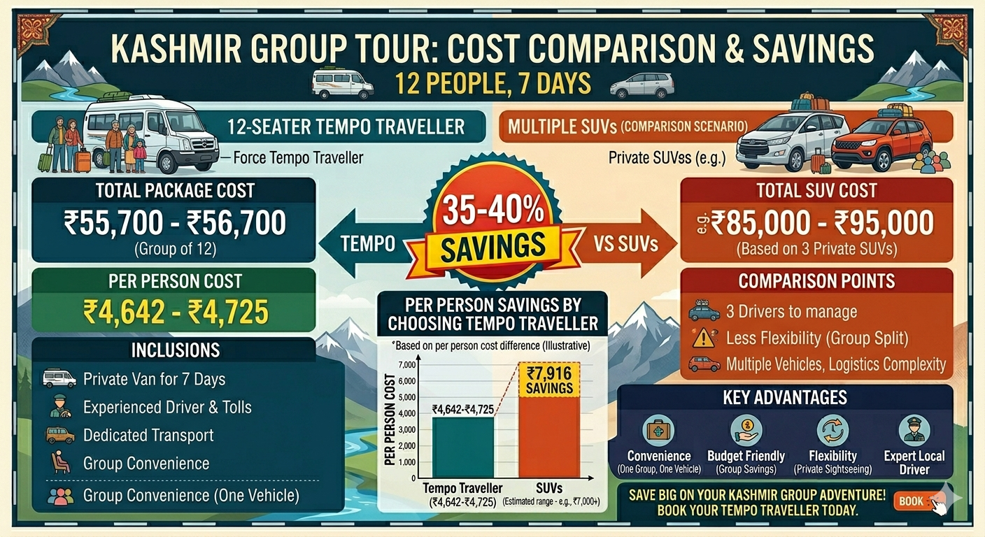 12 Seater Tempo Traveller Kashmir Price 2026 | ₹5,500/Day | Book Now 9 12 seater tempo traveller Kashmir price 2026 - cost savings comparison vs multiple SUVs showing 35-40 percent savings