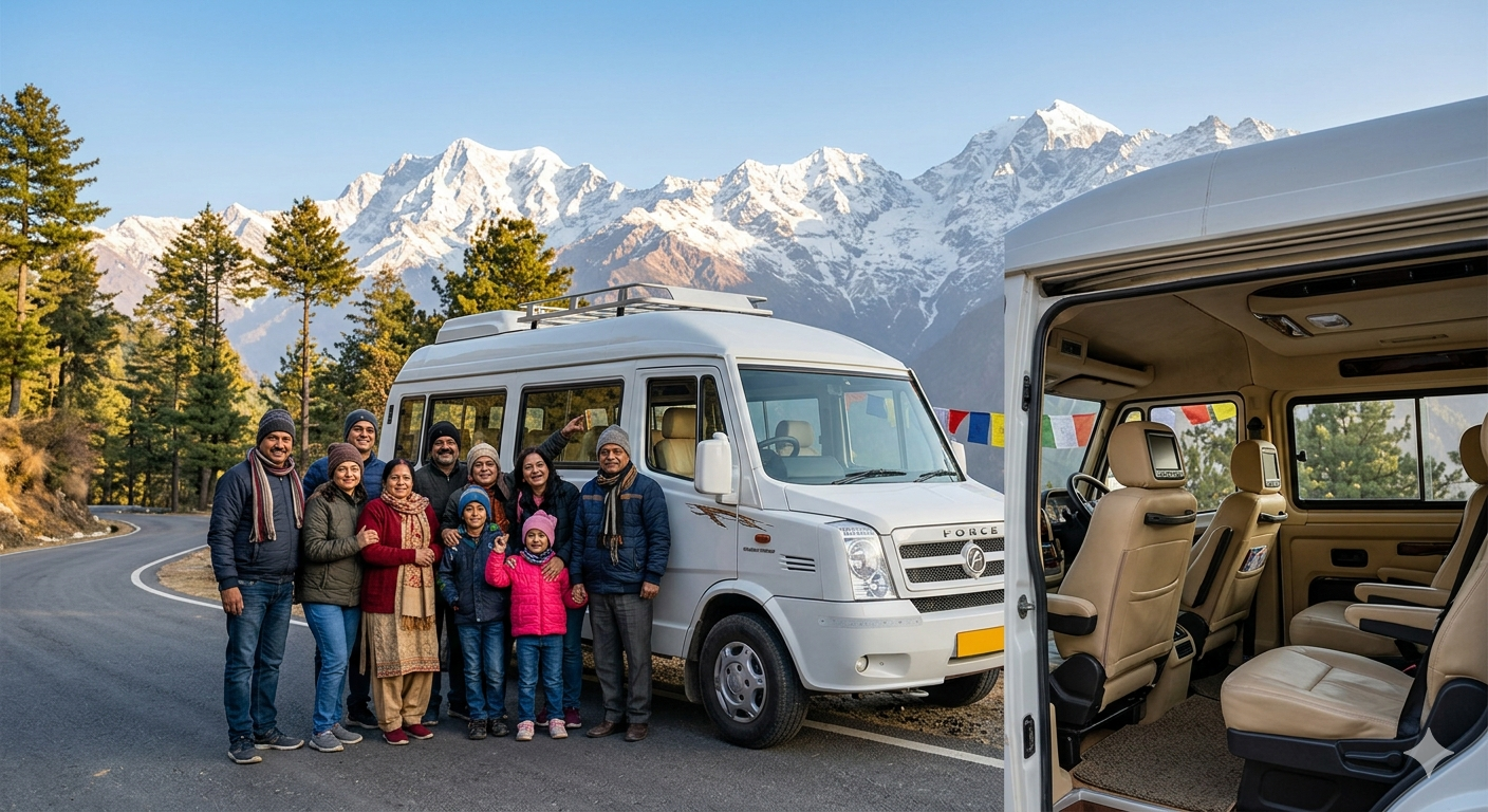 12 Seater Tempo Traveller Kashmir Price 2026 | ₹5,500/Day | Book Now 8 12 seater tempo traveller Kashmir price 2026 - group with white 12 seater tempo traveller on scenic Kashmir mountain road