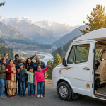 12 seater tempo traveller Kashmir price 2026 happy multi generational group with white 12 seater luxury tempo traveller in Pahalgam
