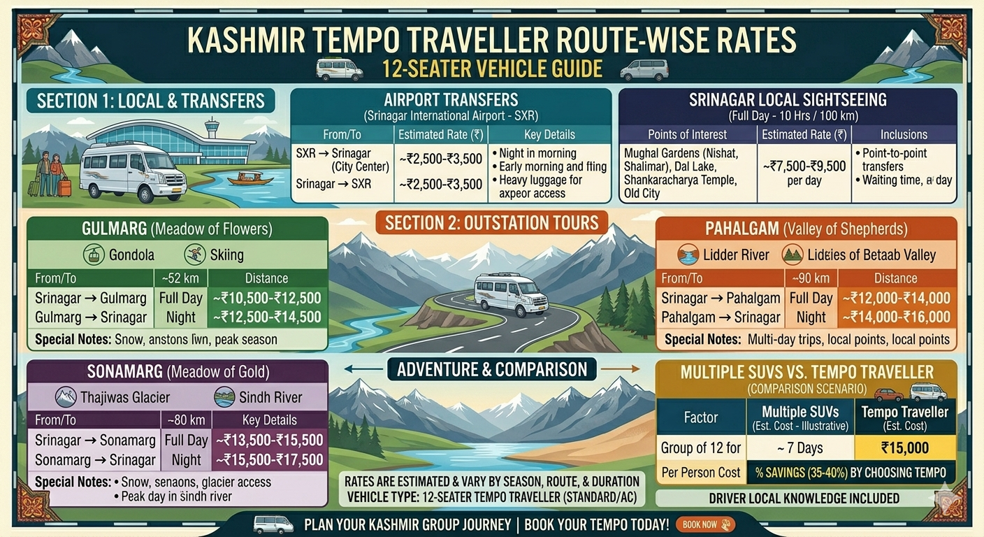 12 Seater Tempo Traveller Kashmir Price 2026 | ₹5,500/Day | Book Now 11 12 seater tempo traveller Kashmir price 2026 - route-wise rates infographic